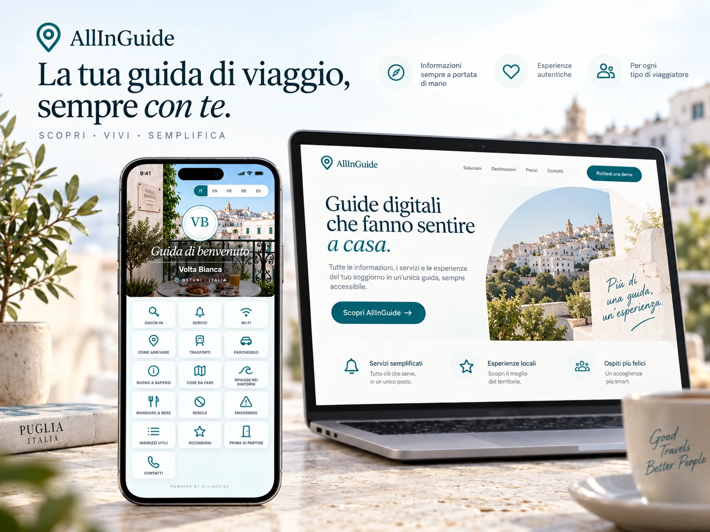 AllInGuide mostrato su smartphone e desktop con la guida Volta Bianca